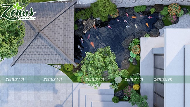 Thiết kế 3D sân vườn hồ cá koi xi măng ngoài trời