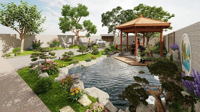 Thiết kế 3D sân vườn Nhật hồ koi Nghệ An