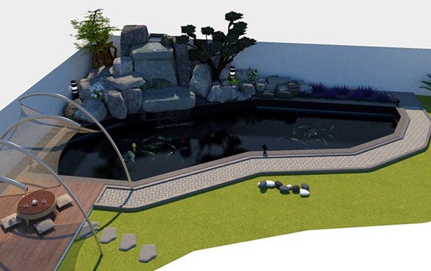 3D mô phỏng hồ cá koi sân vườn