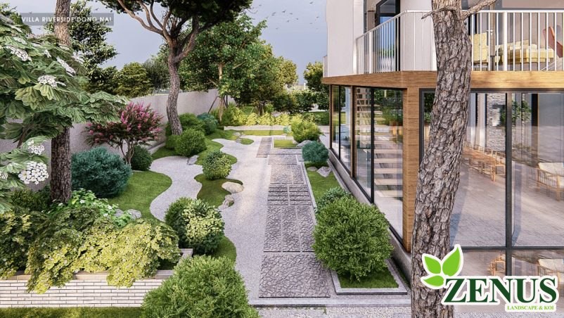 Thiết kế 3D sân vườn Nhật bên hông biệt Thự Ocean Park